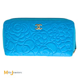 Chanel Camellia Embossed Blue Lambskin Continental Wallet