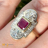 Antique 9k Two-tone Gold 0.58ct Ruby and 0.12ctw Diamond Art Deco Ring Size 6.75