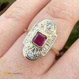 Antique 9k Two-tone Gold 0.58ct Ruby and 0.12ctw Diamond Art Deco Ring Size 6.75