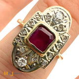 Antique 9k Two-tone Gold 0.58ct Ruby and 0.12ctw Diamond Art Deco Ring Size 6.75
