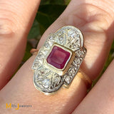 Antique 9k Two-tone Gold 0.58ct Ruby and 0.12ctw Diamond Art Deco Ring Size 6.75