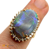 14K Yellow Gold 3.97ct Crazed Australian Fire Opal 0.45ctw Diamond Halo Cocktail Ring Size 7