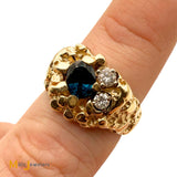 14K Yellow Gold 1.2ct Blue Sapphire and 0.22ctw Diamond Nugget Ring Size 9.25