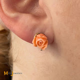 14K Yellow Gold Carved Coral Rose Stud Earrings