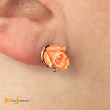 14K Yellow Gold Carved Coral Rose Stud Earrings