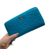 Chanel Camellia Embossed Blue Lambskin Continental Wallet