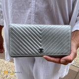 Chanel Metallic Silver Chevron Quilted Calfskin Leather Classic Long Wallet