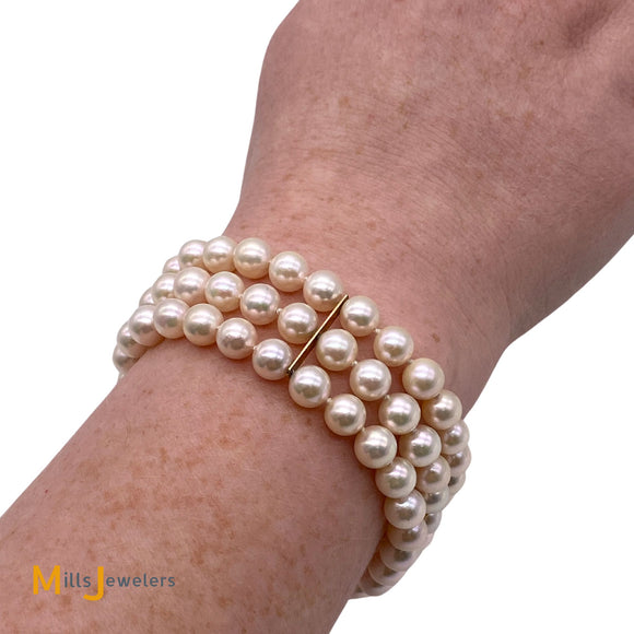 14K Yellow Gold 3-Row 72-Stone Freshwater Cultured Pearl Bracelet