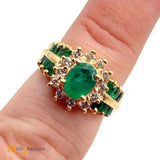 14K Yellow Gold 1.13cw Emerald and 0.24ctw Diamond Cocktail Halo Ring Size 6.75