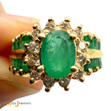 14K Yellow Gold 1.13cw Emerald and 0.24ctw Diamond Cocktail Halo Ring Size 6.75