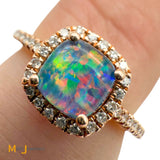 QCD Inc. 14K Rose Gold 0.26ct Doublet Opal and 0.10ctw Diamond Halo Ring Size 6