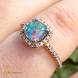 QCD Inc. 14K Rose Gold 0.26ct Doublet Opal and 0.10ctw Diamond Halo Ring Size 6
