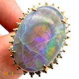 14K Yellow Gold 3.97ct Crazed Australian Fire Opal 0.45ctw Diamond Halo Cocktail Ring Size 7