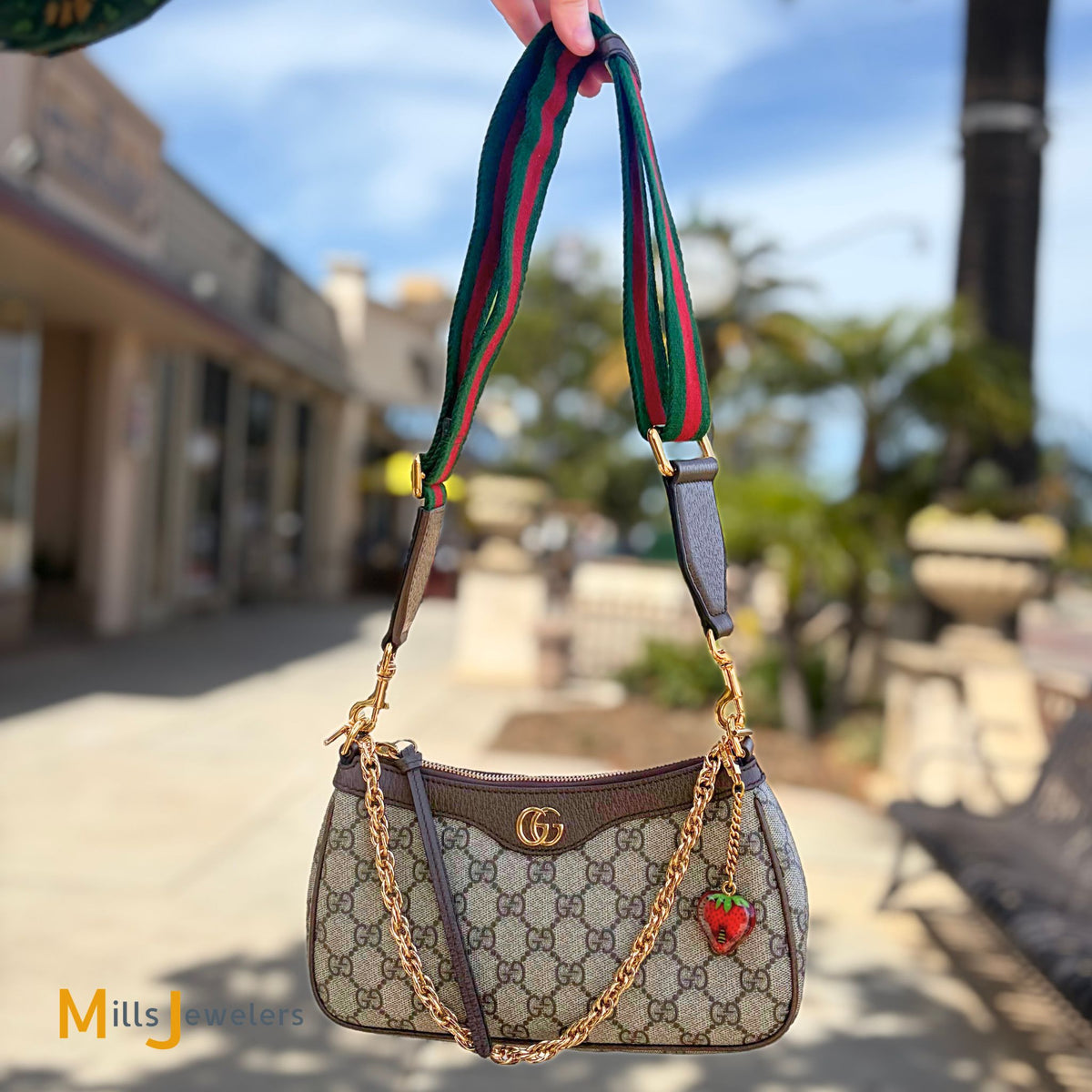 Gucci GG Ophidia Small Shoulder Bag With Strawberry Bag Charm