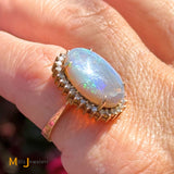 14K Yellow Gold 3.97ct Crazed Australian Fire Opal 0.45ctw Diamond Halo Cocktail Ring Size 7