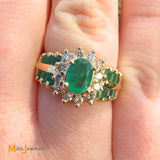 14K Yellow Gold 1.13cw Emerald and 0.24ctw Diamond Cocktail Halo Ring Size 6.75