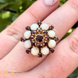 14K Yellow Gold 1.93ctw Garnet 3.12ctw Australian Opal Cluster Ring Size 6
