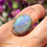 14K Yellow Gold 3.97ct Crazed Australian Fire Opal 0.45ctw Diamond Halo Cocktail Ring Size 7