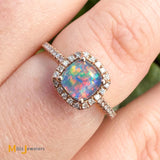 QCD Inc. 14K Rose Gold 0.26ct Doublet Opal and 0.10ctw Diamond Halo Ring Size 6