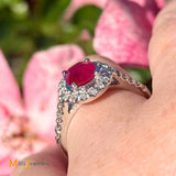 14k White Gold 0.94ct Ruby and 0.26ctw Diamond Halo Cocktail Ring Size 7.5