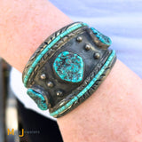 Vintage Signed MM Sterling Silver 925 Turquoise Frame Cuff Bracelet