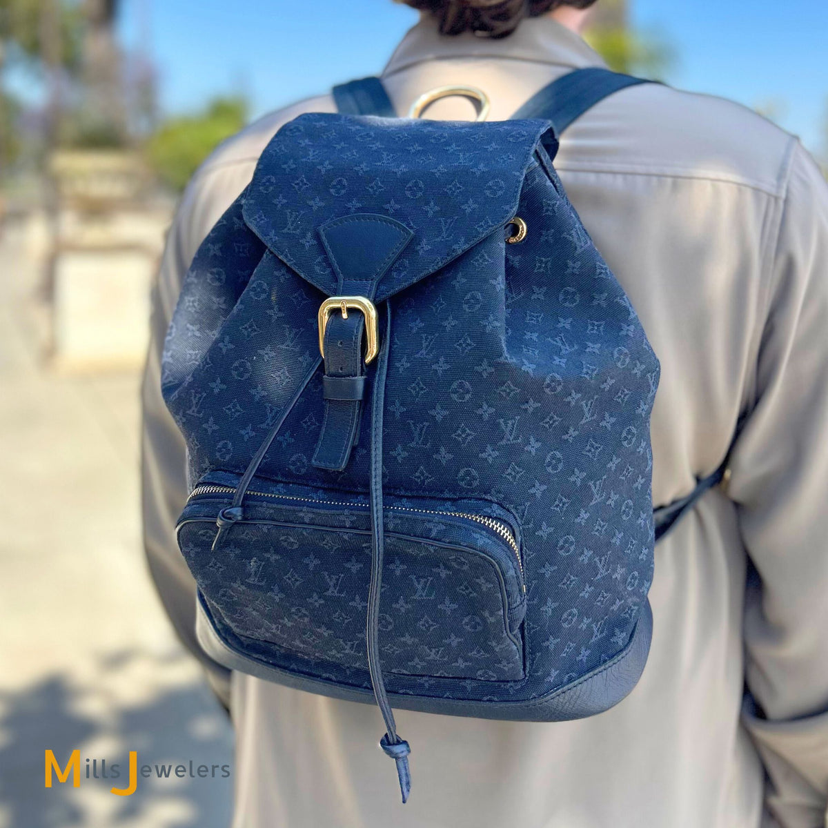 louis vuitton cinch backpack Louis Vuitton Vintage Montsouris GM Monogram Denim Navy Blue Backpack – Mills Jewelers & Loan