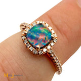 QCD Inc. 14K Rose Gold 0.26ct Doublet Opal and 0.10ctw Diamond Halo Ring Size 6