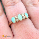 14K Yellow Gold Vintage 0.12ctw Diamond and Fire Opal Three Stone Band Ring Size 8