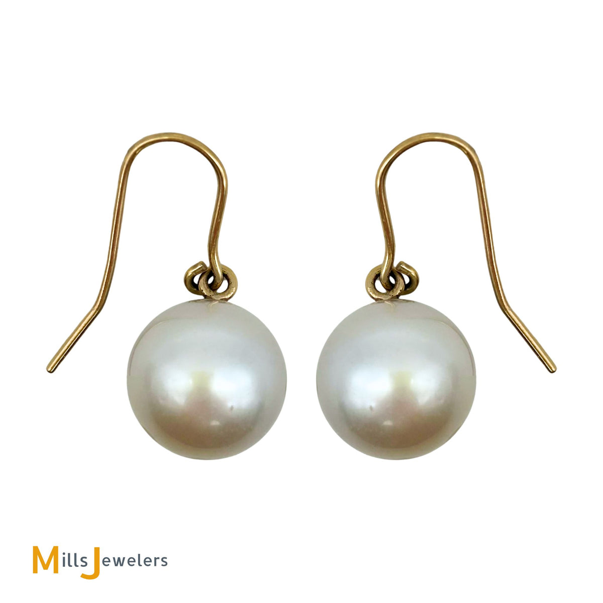 14K Yellow Gold South Sea Pearl Fish Hook Dangle/Drop Earrings