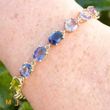 14K Yellow Gold Multicolor Oval Gemstone Tennis Link Bracelet 6.5"