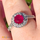 14k White Gold 0.94ct Ruby and 0.26ctw Diamond Halo Cocktail Ring Size 7.5