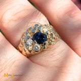 14K Yellow Gold 1.2ct Blue Sapphire and 0.22ctw Diamond Nugget Ring Size 9.25