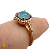QCD Inc. 14K Rose Gold 0.26ct Doublet Opal and 0.10ctw Diamond Halo Ring Size 6