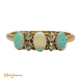 14K Yellow Gold Vintage 0.12ctw Diamond and Fire Opal Three Stone Band Ring Size 8