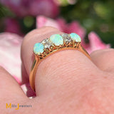 14K Yellow Gold Vintage 0.12ctw Diamond and Fire Opal Three Stone Band Ring Size 8