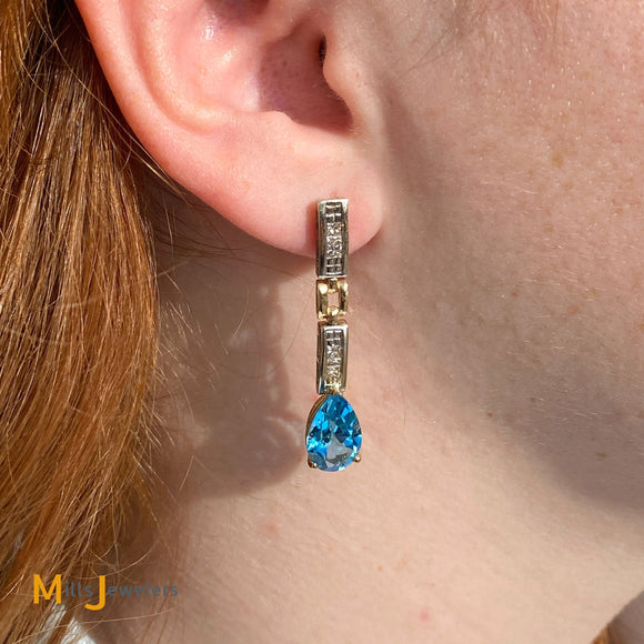 14K Two-Tone 6cts Pear-Shaped Blue Topaz 0.30ctw Diamond Dangle Earrings