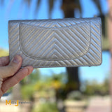 Chanel Metallic Silver Chevron Quilted Calfskin Leather Classic Long Wallet