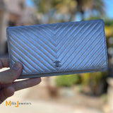 Chanel Metallic Silver Chevron Quilted Calfskin Leather Classic Long Wallet