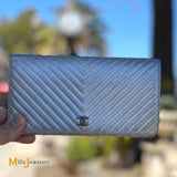 Chanel Metallic Silver Chevron Quilted Calfskin Leather Classic Long Wallet