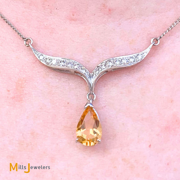 14K White Gold 1.27ct Citrine 0.14ctw Diamond Dangle Necklace
