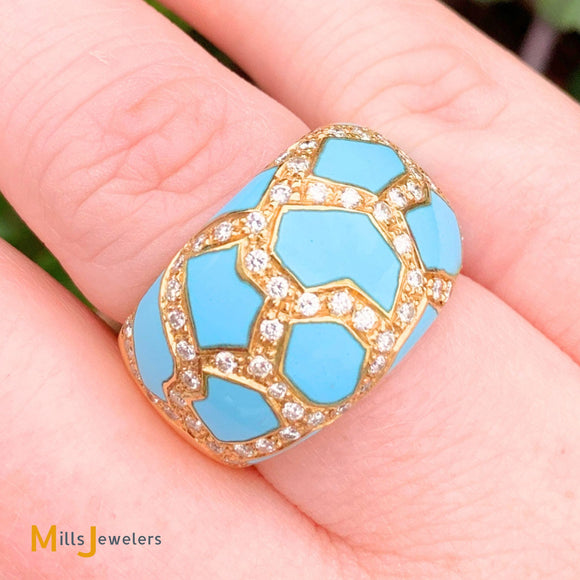 18K Yellow Gold Roberto Coin Turquoise 0.72ctw Diamond Mosaic Ring Size 6.5