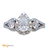 14K White Gold Pear Cut 1ctw Diamond Three Stone Halo Engagement Ring Size 5