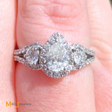 14K White Gold Pear Cut 1ctw Diamond Three Stone Halo Engagement Ring Size 5