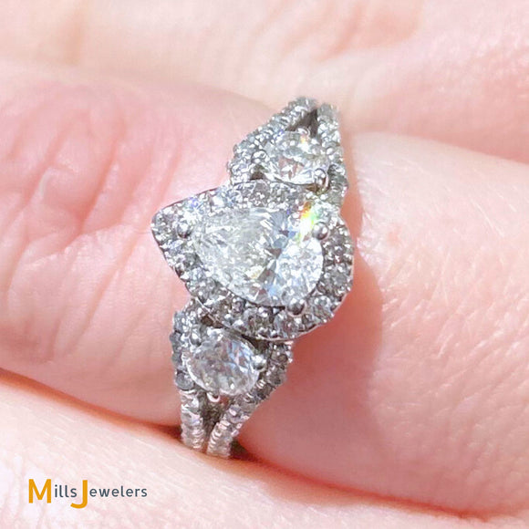 14K White Gold Pear Cut 1ctw Diamond Three Stone Halo Engagement Ring Size 5