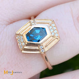 D & A Basalli 14K Rose Gold 0.67ct Blue Topaz 0.07cts Diamond Vendome Ring Size 5