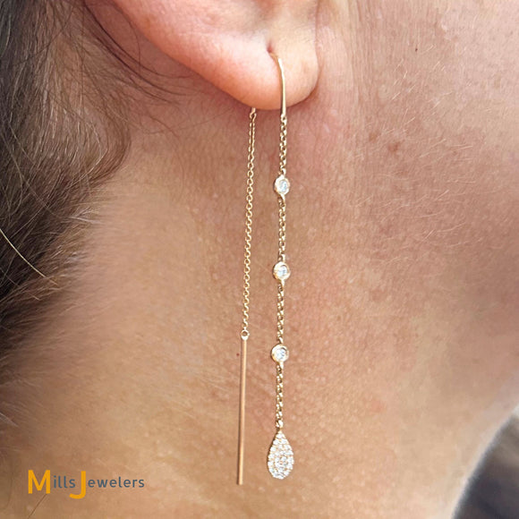 14K Rose Gold 0.31ctw Diamond Threader Teardrop Dangle Earrings