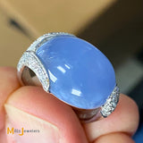 14K White Gold 14.81ct Oval Cabochon Chalcedony 0.51cts Diamond Ring Size 5.5