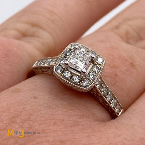 14K White Gold 0.55ctw Princess Cut Diamond Halo Engagement Ring Size 6.5