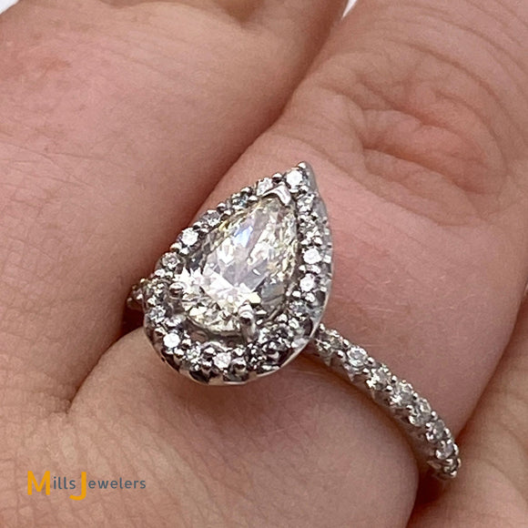 Malakan 14K White Gold 0.83ct Pear-Shaped Diamond Halo Engagement Ring Size 4.75