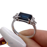 14K White Gold 1.61ct Emerald Cut Sapphire 0.24cts Diamond Ring Size 5